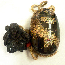 Ancienne incrustation japonaise d'automne Maki-e Inro & Netsuke avec boîte