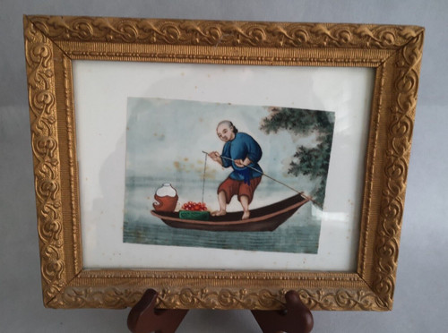 Peinture sur soie - et, cadre