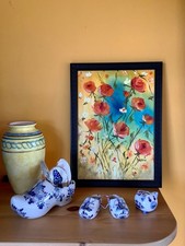 petite peinture à l'huile originale rose grimpante, planche, 9"x12", encadrée.