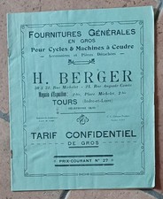 ancien Catalogue Cycles  - Tarif Fournitures H. BERGER - TOURS année 1920