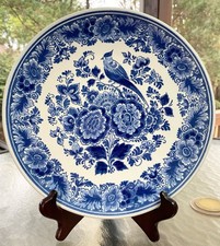 Vtg Royal Delft Blauw Hand Painted 10” Hanging Wall Plate Floral Bird Holland