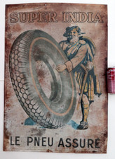 Plaque Tole Litho Super India Le Pneu Assuré 67x47Cm Dunlop France 1920