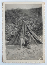 Young Man Bare Topless Beach Military Camo Tent - Old Photo Snapshot
