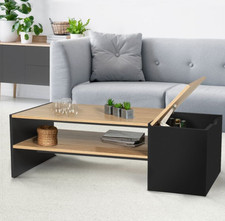 Table basse bar contemporaine rectangulaire  avec coffre noir et plateaux bois