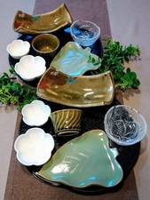 Unused Kaneyama HOYA Drink Set for 2, 12 pcs, Green Leaf & White Flowers