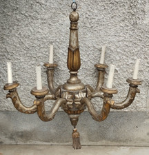 Ancien Lustre bois sculpté 18ème siècle ? Doré argenté carved wood chandelier
