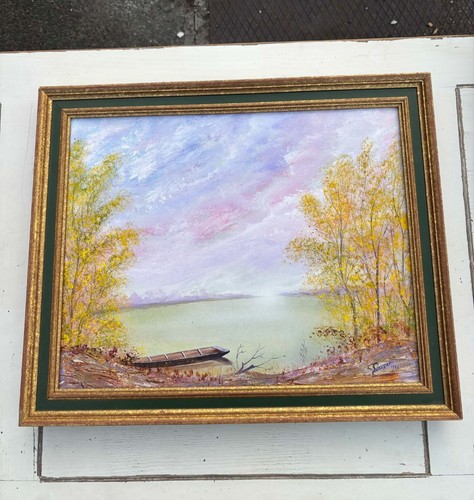 Tableau ancien paysage barque - tableau,