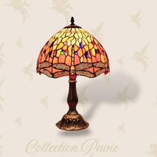 Lampe style Tiffany “Libellule” Vitrail Orange & Base Métal – Pièce d’Art