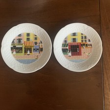 2 Philippe Deshoulieres MERCHANTS ROW Canape Plates Storefront Scene 5-3/4"