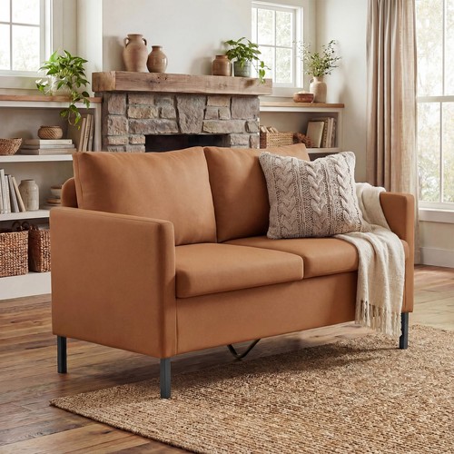 Faux leather brown love seat - leather, 2