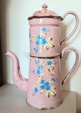 Cafetière Ancienne Parisienne Tôle Émaillée Rose Japy Fleurs Papillon  Rouille