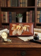 Vintage Chiseled Leather Souvenir Box, Autumn Leaf Decor