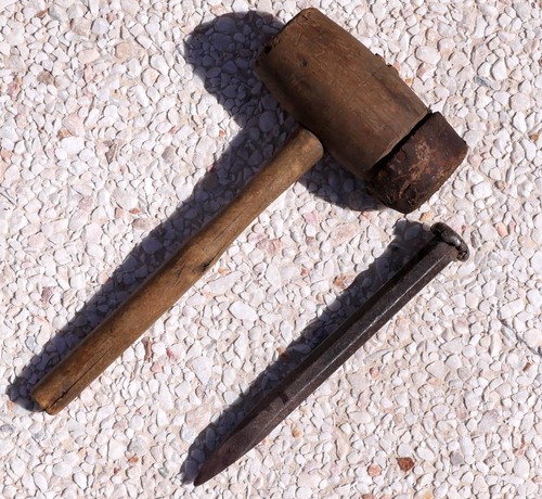 Wooden mallet metal chisel - metal,