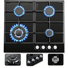 Plaque Cuisson Gaz 4 Feux 8060W Verre Trempé Noir 58cm Naturel/GPL Encastrable