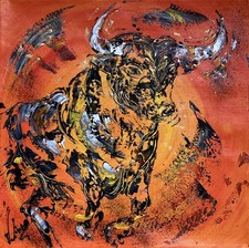 Taureau Coucher De Soleil LINARD PEINTURE TOILE TABLEAU  40x40cm Neuf Original