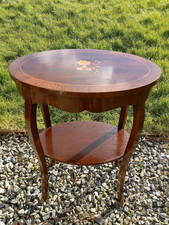 Antique Mahogany Wood Inlaid Marquetry Oval Occasional Side Hall Lamp Table