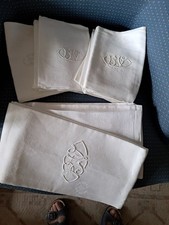 Antique Linen Serving Tablecloth + 12 Towels Damask White Central Monogram VB