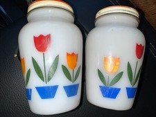 Vintage 1940’s Fire King Tulip  Salt and Pepper Shakers Milk Glass Orange Red