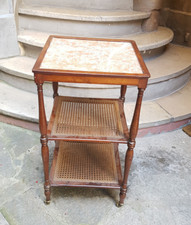 Small side table with casters, caning, marble top, side cabinet