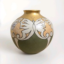 RARE Numbered Art Deco Pottery Butterfly Green Gold Pot Vase Iridescent Quality