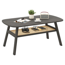 Table Basse Rectangulaire en Rotin à 2 Niveaux Meuble pour Salon Avec Etagères 