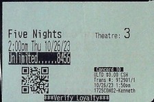 Five Nights At Freddys Ticket Stub Regal Cinemas Pre Release Horror 10/26/2023