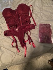 Red Lingerie Corset Bustier Garter Set with Thong & stockings - Size Large