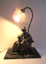 Lampe de guéridon, tulipe Rose, bronze sur marbre, Napoléon III: Femme assise