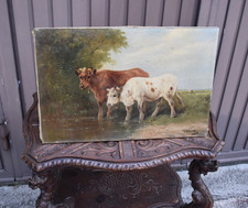 Antique Paul Henry Schouten cows pond water drinking signed painting oil