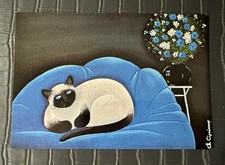 Vintage Illustrated Postcard - Siamese Cat on Blue Sofa - Signed