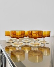 6 Antique Vintage 1970s Amber Champagne Wine Orange Foot Glasses