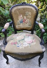 Fauteuil Cabriolet ancien épo. Napoléon III style Louis XV tapisserie Aubusson 