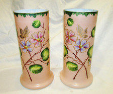 PAIRE DE VASES ANCIENS ROSES EMAILLES OPALINE ART-NOUVEAU 1900