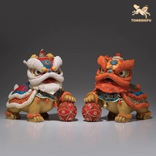 9" China Pure Bronze Painted Hand-carved Lucky Dancing Lion Statue Pair