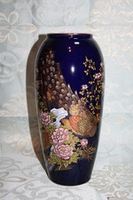 Japanese vase porcelain cobalt blue floral decor and peacocks gold height 25 cm