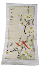 LRG Chinese White Frangipani Flower Red Bird Scroll Silk Painting Cheng Qiu Shen