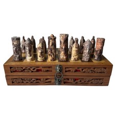 Carved Natural Stone Chess Set - Antique Asian Style Box