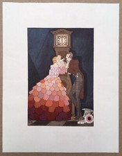 Original engraving Art Deco stencil scene couple child clock Att Maurice Berty