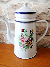 CAFETIERE  EMAILLEE ANCIENNE JAPY décor ROSES PENSEES ANTIQUE ENAMEL COFFEE POT