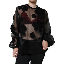 DOLCE & GABBANA Blouse Noire En Nylon Transparent Floral IT46/US12/XL 4430usd