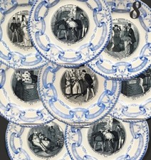 8 Antique French 1878 Expo Universelle Souvenir Plates, Lithograph Blue & White