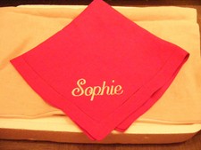 New Sferra Red Festival 20" x 20" Linen Dinner Napkin | Sophie Embroidery Script
