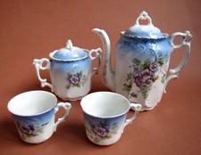 Antique Porcelain Coffee Maker Sugar Bowl Service 2 Cups Flowers on Blue Background