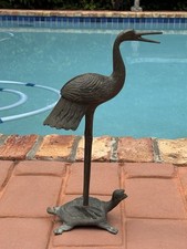 15” Bronze Stork Crane Heron Egret Standing on Turtle Sculpture Feng Shui Art