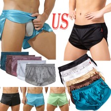 Mens Silk Shorts Frilly Satin Side Split Boxer Briefs Casual Loose Underwear