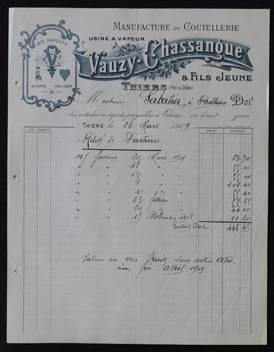 Billhead facture 1909 thiers - billhead,