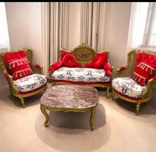 Salon de style Louis XV, artisanal en hêtre rouge et doré + un tapis offert
