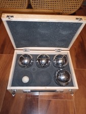 Vintage OBUT Bocce Ball Boules Petanque Set 4 Chrome Made In France Wood Case 