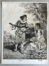 Antoine Watteau Engraving Eau Forte Etching Le Lorgnur Guitar Flute Flute