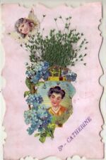 Old postcard fantasy pearlescent STE CATHERINE Geisha in Japanese lantern added herbs